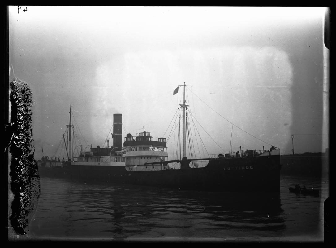 Starboard broadside view of S.S. LOTTINGE and waterman's boat, c.1936.