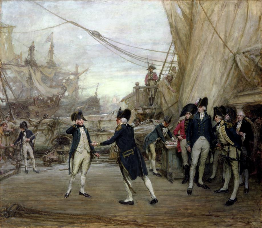 "Nelson received by admiral Jervis after the battle of St. Vincent on 14 Feb 1797 by A.D. McCormac