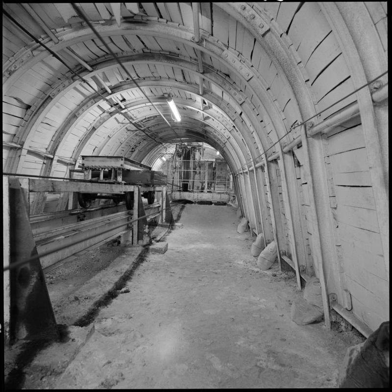 Black and white film negative showing an underground view, Merthyr Vale Colliery 2 July 1981.  '2 Jul 1981' is transcribed from original negative bag.