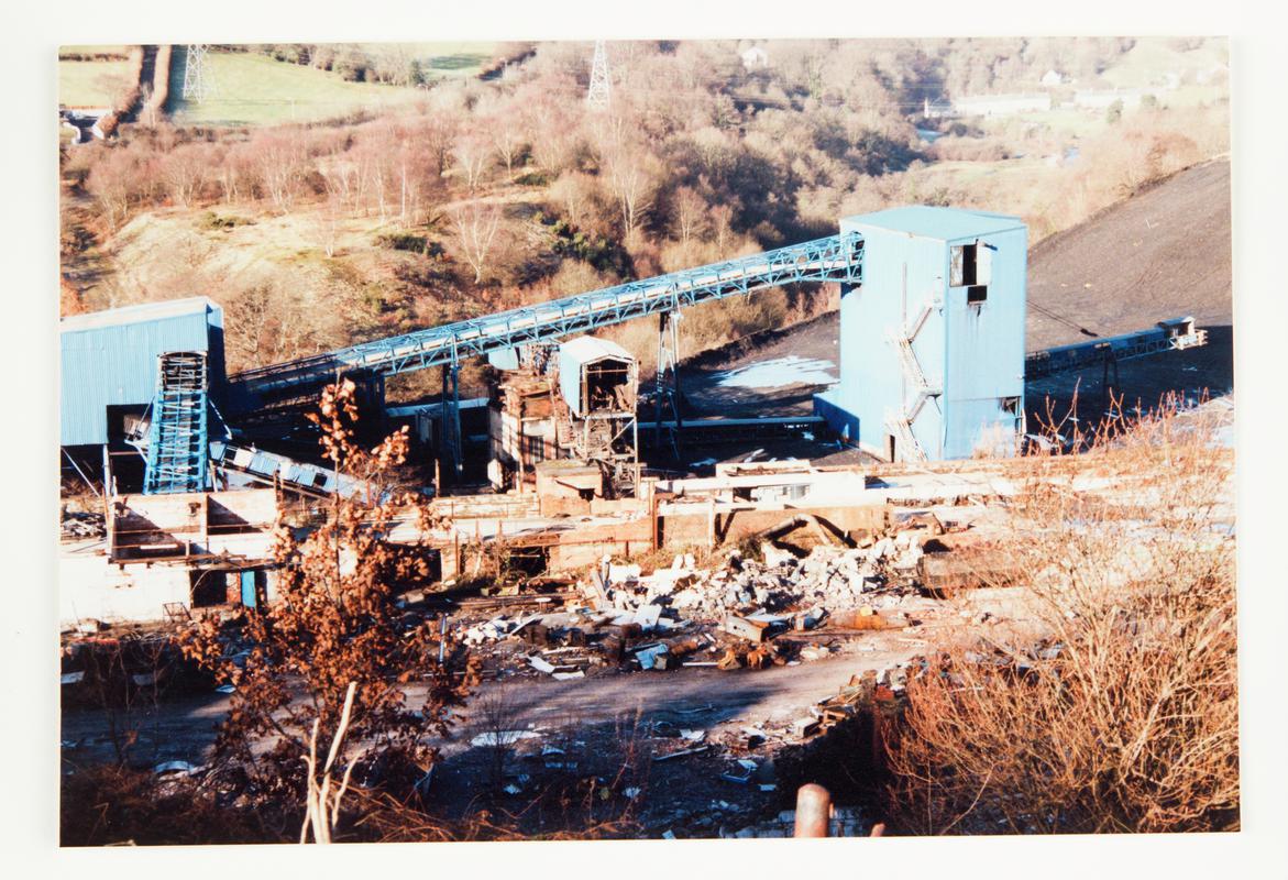 A view of buildings and a scrap yard at Oakdale Colliery.