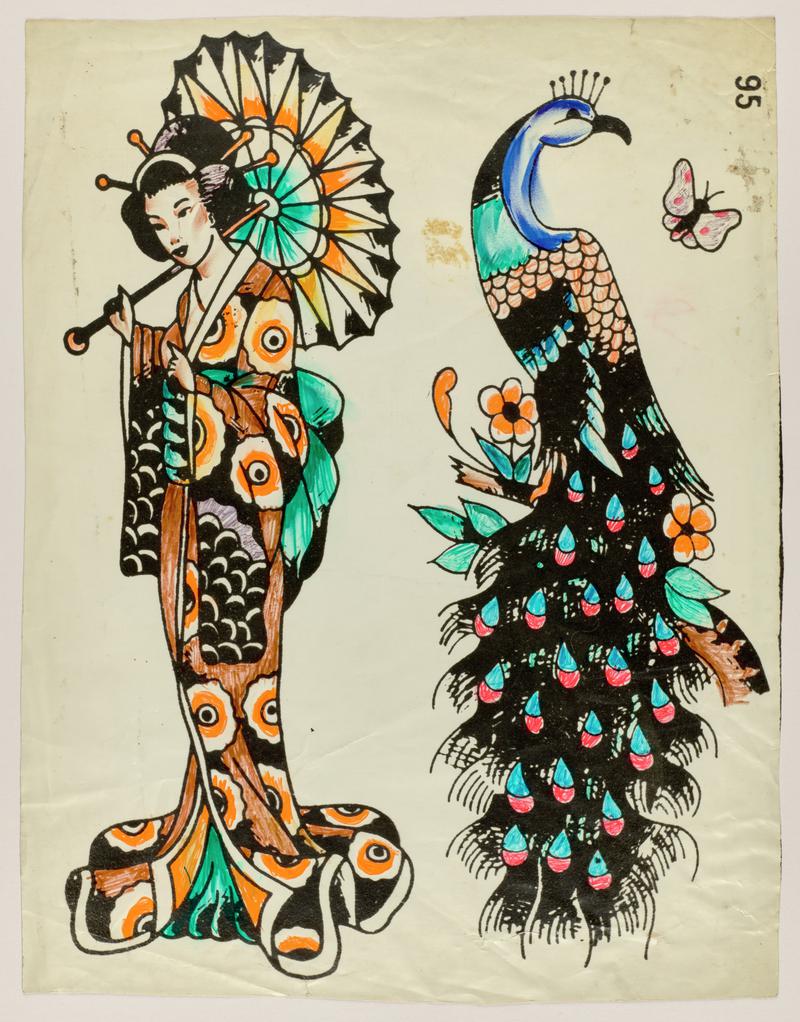 Tattoo flash: two printed images of female wearing kimono and a peacock on a branch.