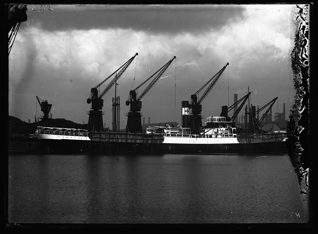 Starboard broadside view of S.S. SNEATON at Cardiff Docks, c.1936.