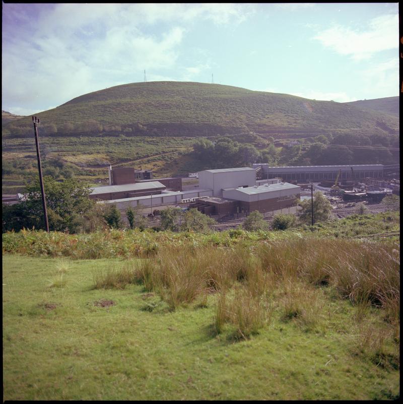 Colour film negative showing a view towards Trelewis Drift Mine.  'Trelewis' is transcribed from original negative bag.