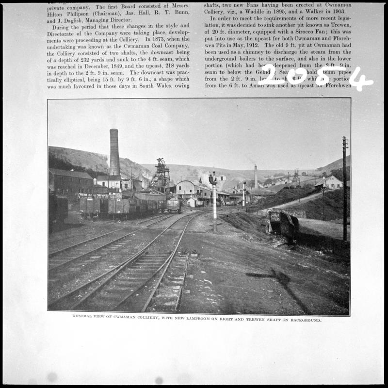 Black and white film negative showing a general surface view of Cwmaman Colliery, photographed from a publication.  'Cwmaman Colliery' is transcribed from original negative bag.