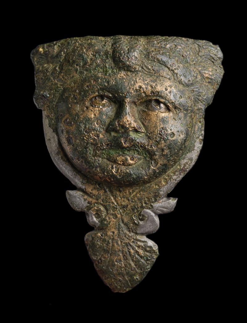 Roman copper alloy furniture fitting, Medusa mask