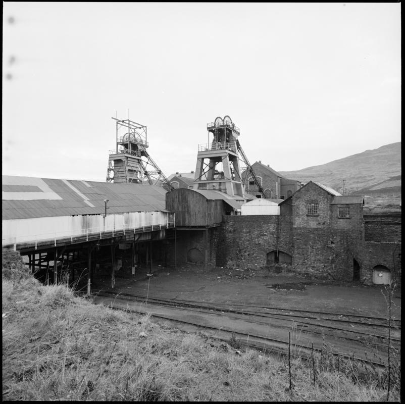 Black and white film negative showing a surface view of Coegnant Colliery, 25 November 1981.  '25 Nov 1981' is transcribed from original negative bag.