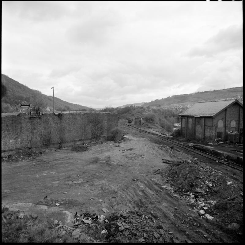 Black and white film negative showing the site of Abergorki Colliery, 22 April 1980.  'Site of Abergorky 22/4/80' is transcribed from original negative bag.