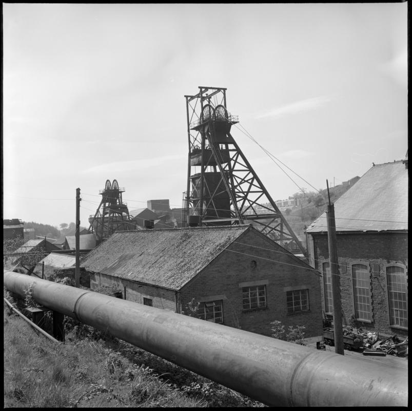 Black and white film negative showing a view of the upcast and downcast shafts, Bargoed Colliery 20 May 1977.  'Bargoed 20 May 1977' is transcribed from original negative bag.