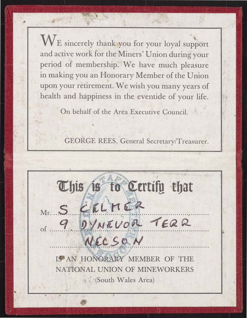 NUM honorary member's card : inside pages