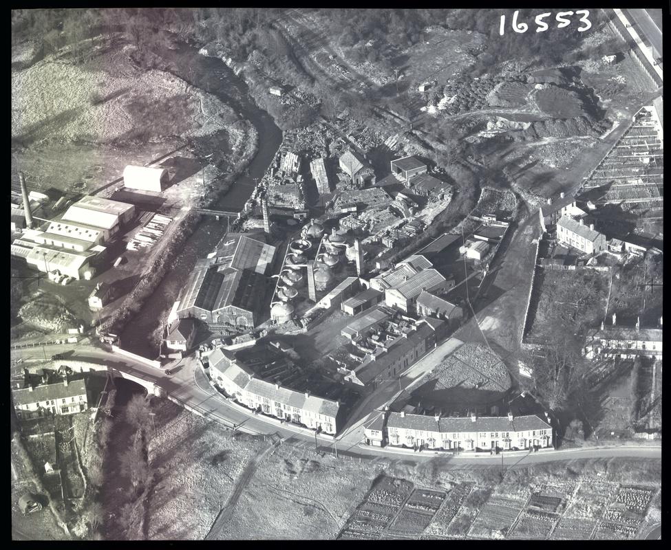 Aerial view showing Gwent pipe and firebrick works at Lower Pontnewydd (near Croesyceiliog), Cwmbran. On site of Pontnewydd tinplate works and incorporating some of its buildings.