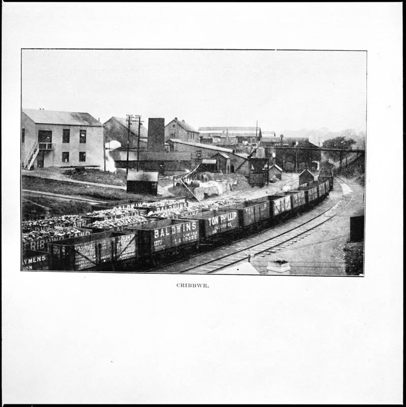 Black and white film negative showing a general surface view of Cribwr Fawr Colliery, photographed from a publication.  'Cribbwr' is transcribed from original negative bag.