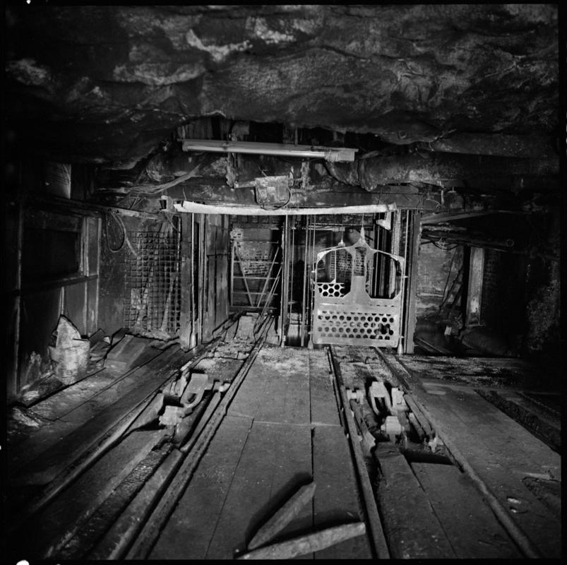 Black and white film negative showing Morlais Colliery pit bottom 1978, cut from sandstone, which needed no support.  'Morlais' is transcribed from original negative bag.