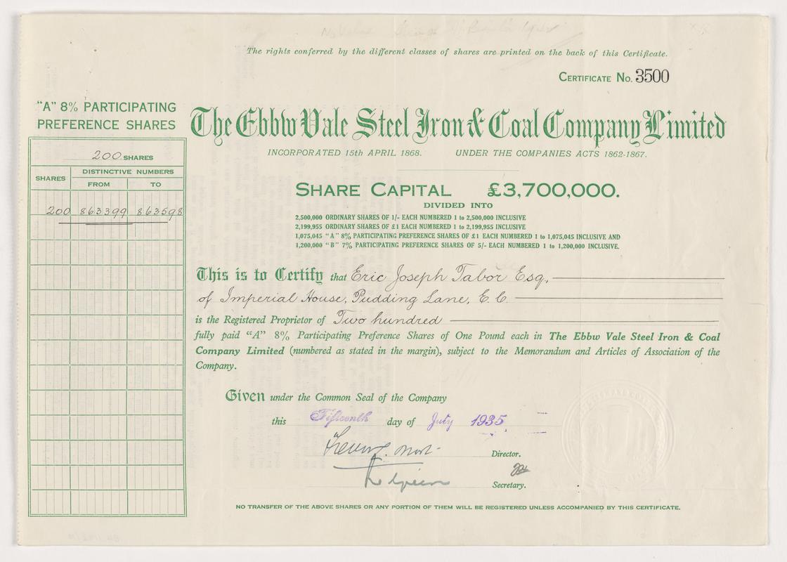 The Ebbw Vale Steel Iron and Coal Company Limited, £1 'A' 8% participating preference shares, 1935