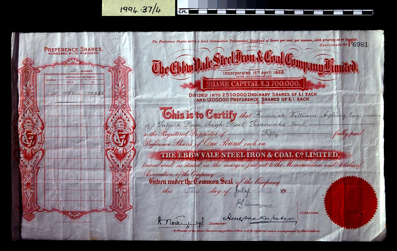 Ebbw Vale Steel, Iron and Coal Co.Ltd., share certificate