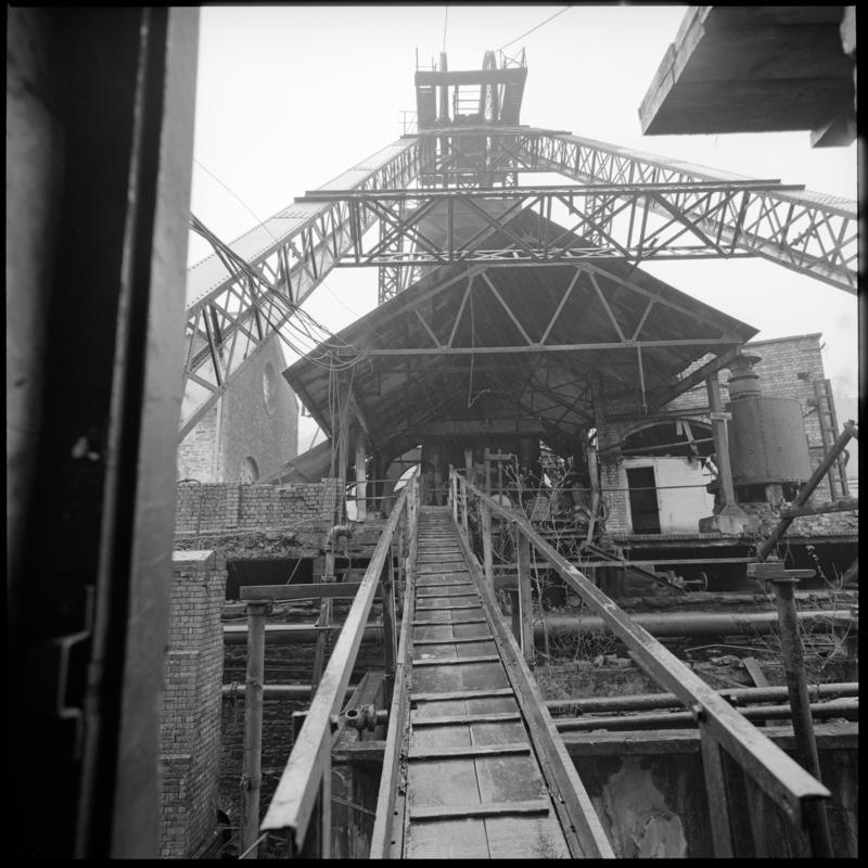 Black and white film negative showing the headgear, Lewis Merthyr Colliery.  'Lewis Merthyr' is transcribed from original negative bag.  Appears to be identical to 2009.3/1474.