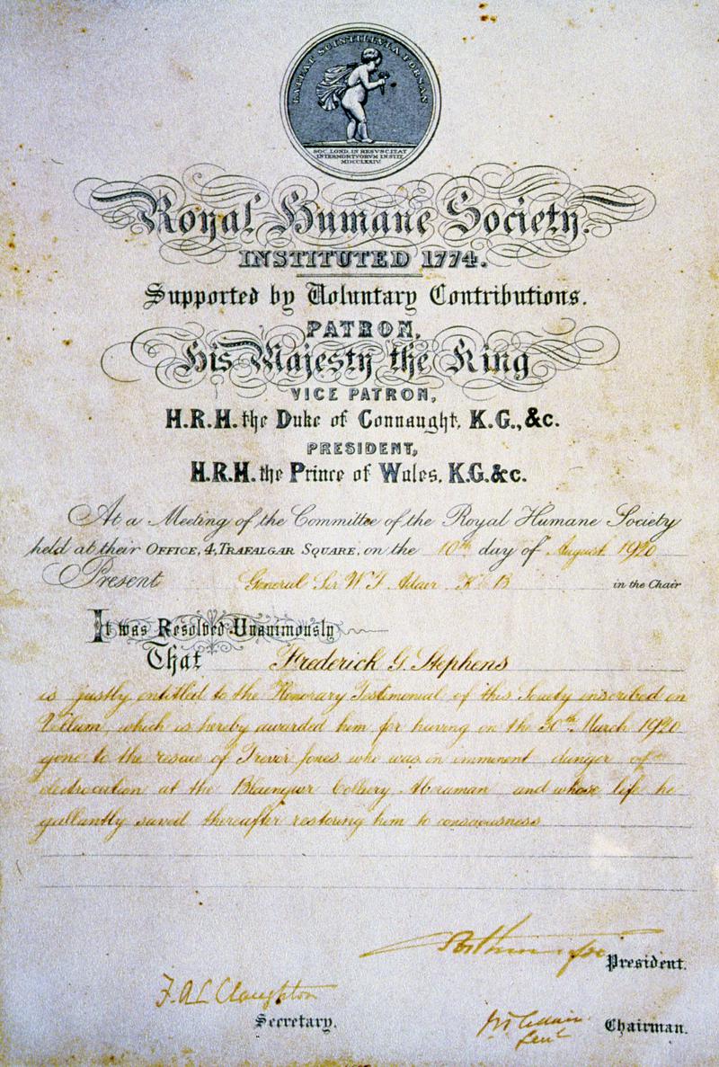 Certificate awarded to Frederick George Stephens