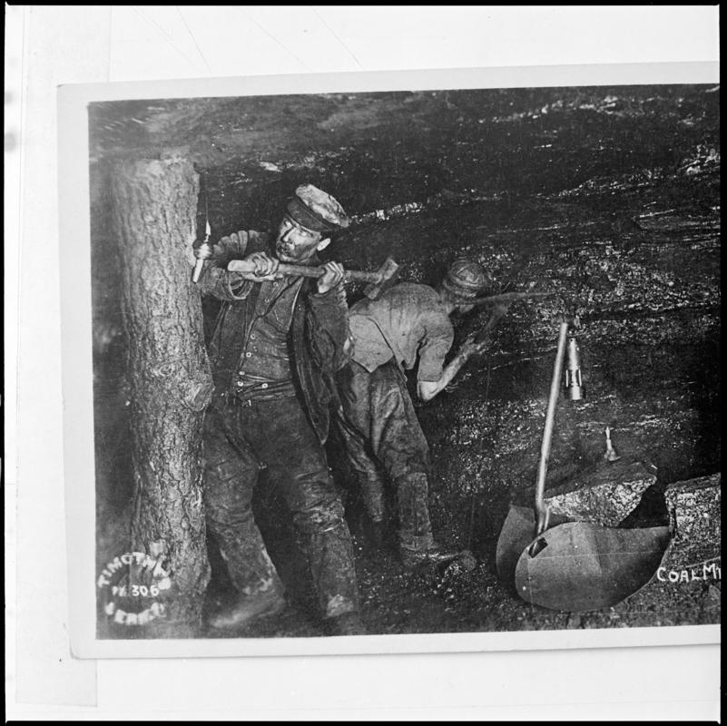Black and white film negative of a photograph showing men at work, Rhondda Level c.1900.  Part of the 'Timothy Series' of historical photographs, 'No. 306'.  'Rhondda Level' is transcribed from original negative bag.