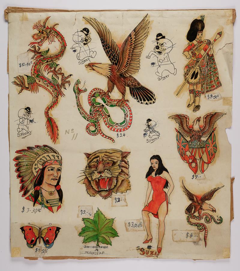 Tattoo flash: 10 drawings in colour including a maple leaf, eagles, snakes, female in red dress, tiger, depiction of a Native American, dragon, and male in traditional Scottish dress