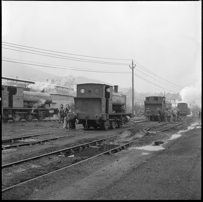 Black and white film negative showing locomotives at the Mountain Ash locomotive sheds.  'Mountain Ash locos' is transcribed from original negative bag.