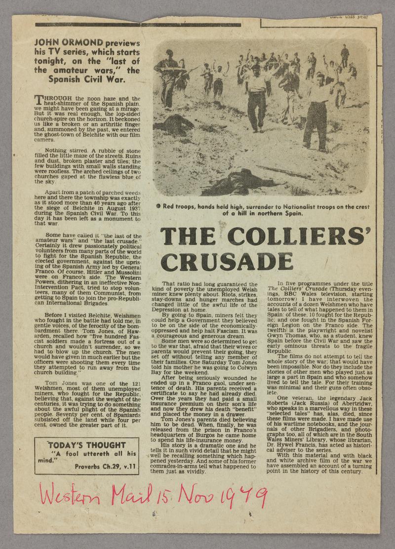 Western Mail article by John Ormond on his BBC series of programmes - 'The Colliers'?? Crusade?'. Undated, but 15 November 1979.
