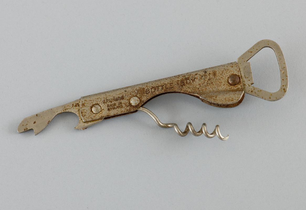 'Bottle Boy' Bottle and tin opener combined with folding corkscrew. (rusting).