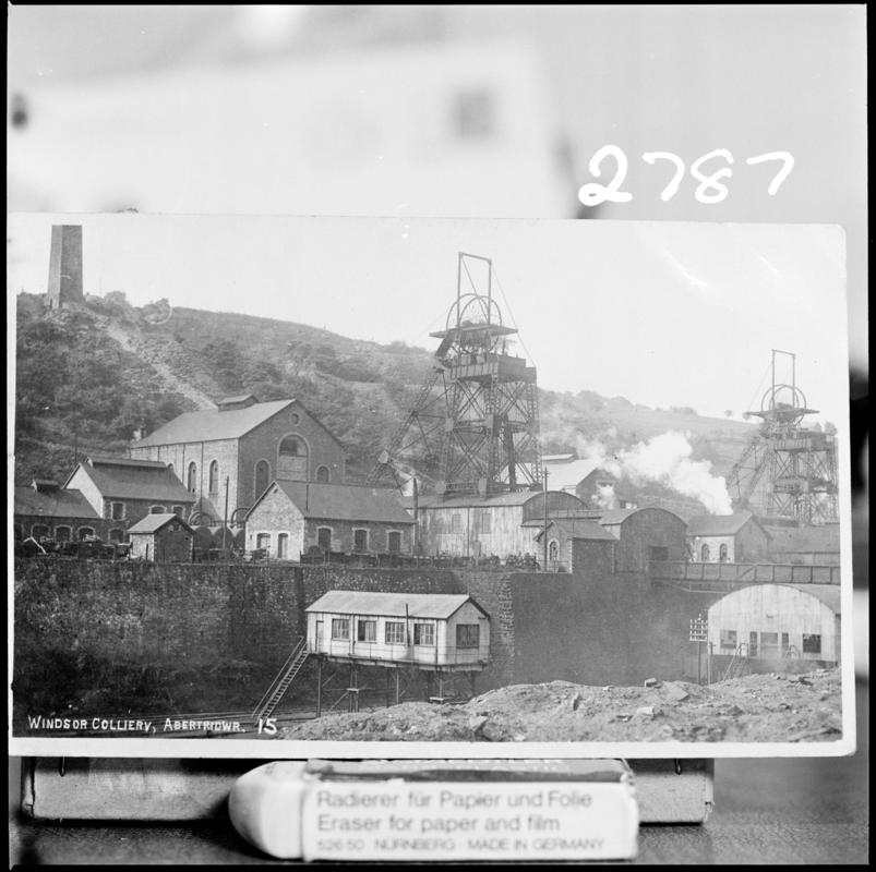 Black and white film negative of a photograph showing a surface view of Windsor Colliery, Abertridwr.  'Windsor Abertri' is transcribed from original negative bag.