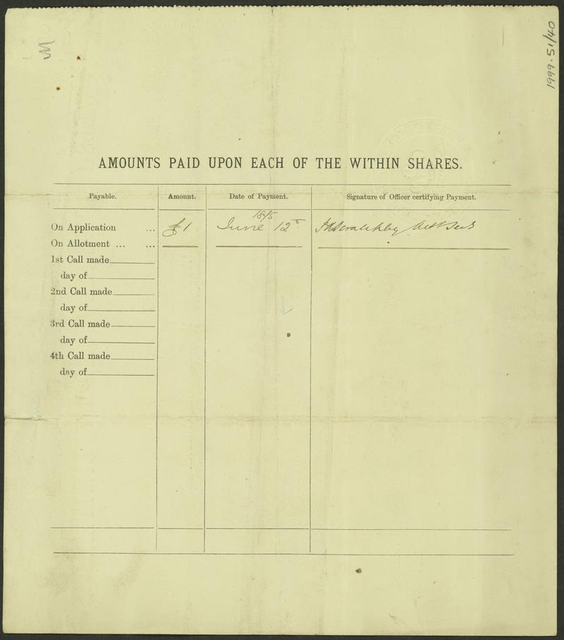 Welsh Mineral Co. Ltd., share certificate