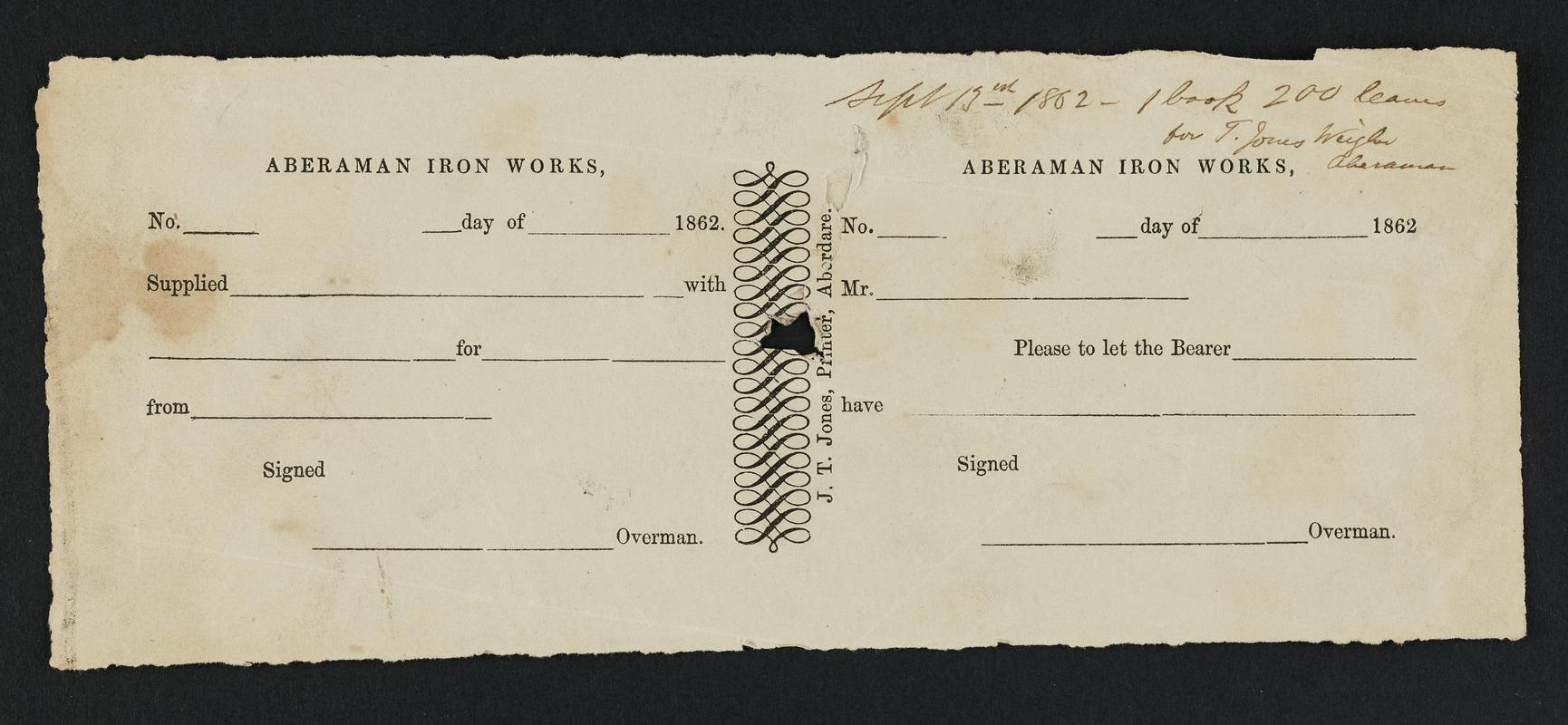 Aberaman iron works, receipt