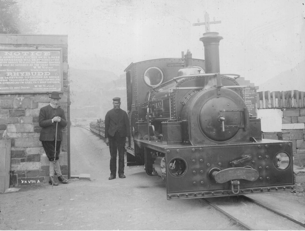 Narrow gauge steam locomotive 'Vaenol' (later re-named 'Jerry M') hauling loaded slate wagons from Hafod Owen to the Gilfach Ddu