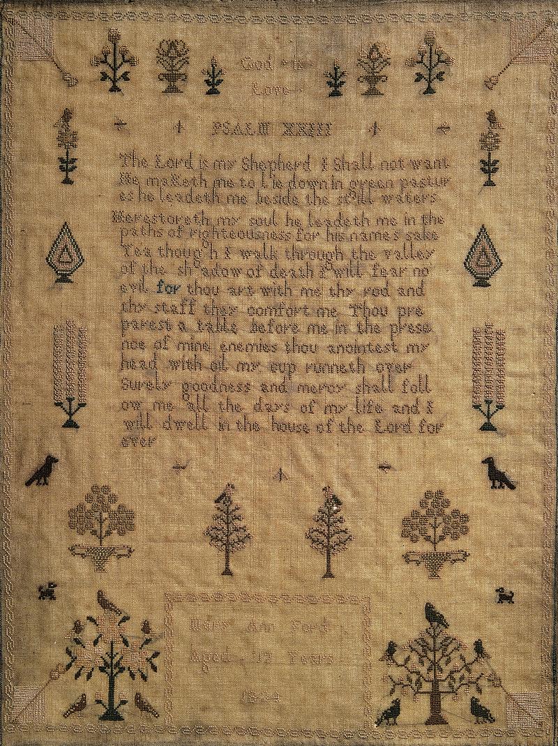 Sampler (Biblical verse & motifs), made in England, 1824