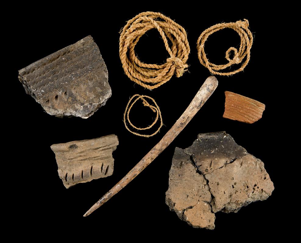 pottery sherds, Bone combs, twisted and plaited cord, animal bones