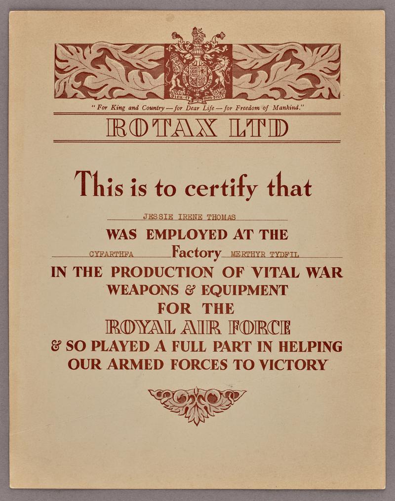 Munitions worker's certificate, Second World War