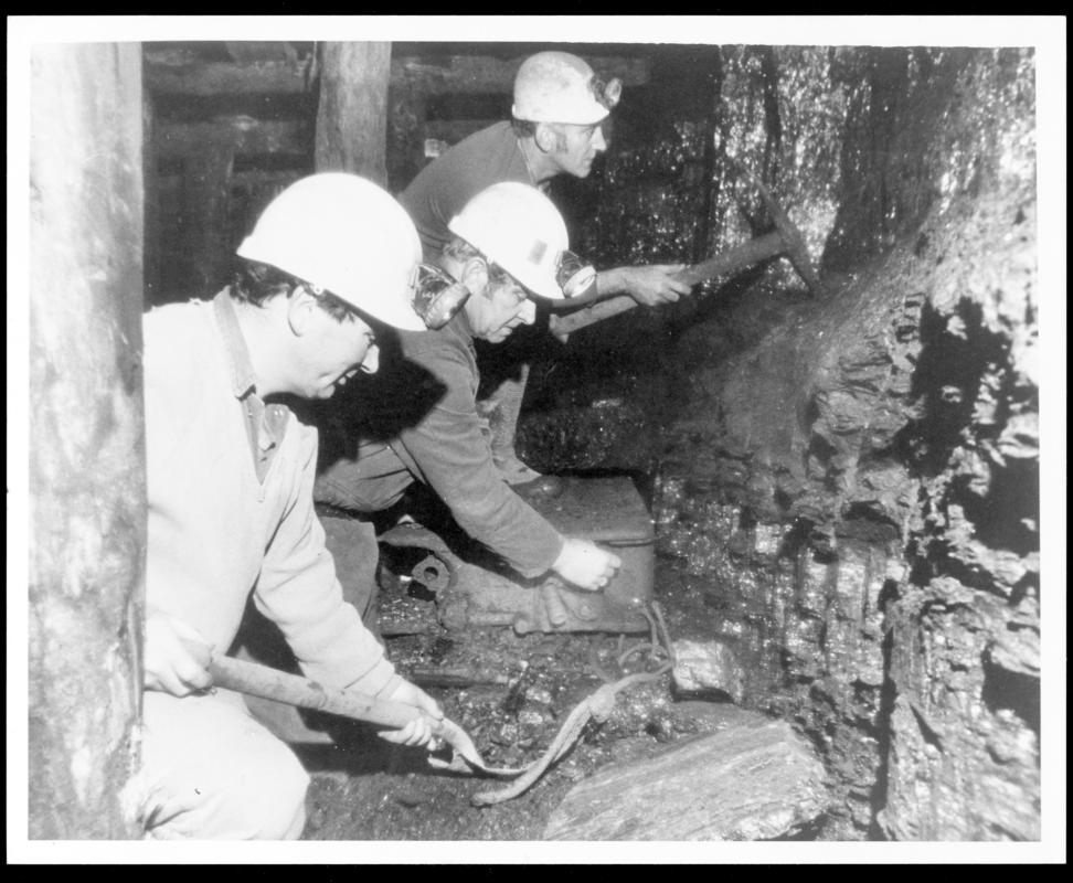 Underground repairers/guides David Jones (donor), Billy Godfrey & Max Gwillam underground at Big Pit Museum.