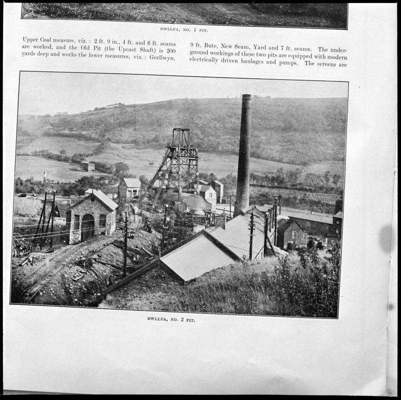 Black and white film negative showing a view of Bwllfa Colliery, No.2 Pit, photographed from a publication.  'Bwllfa No. 2 Pit' is transcribed from original negative bag.