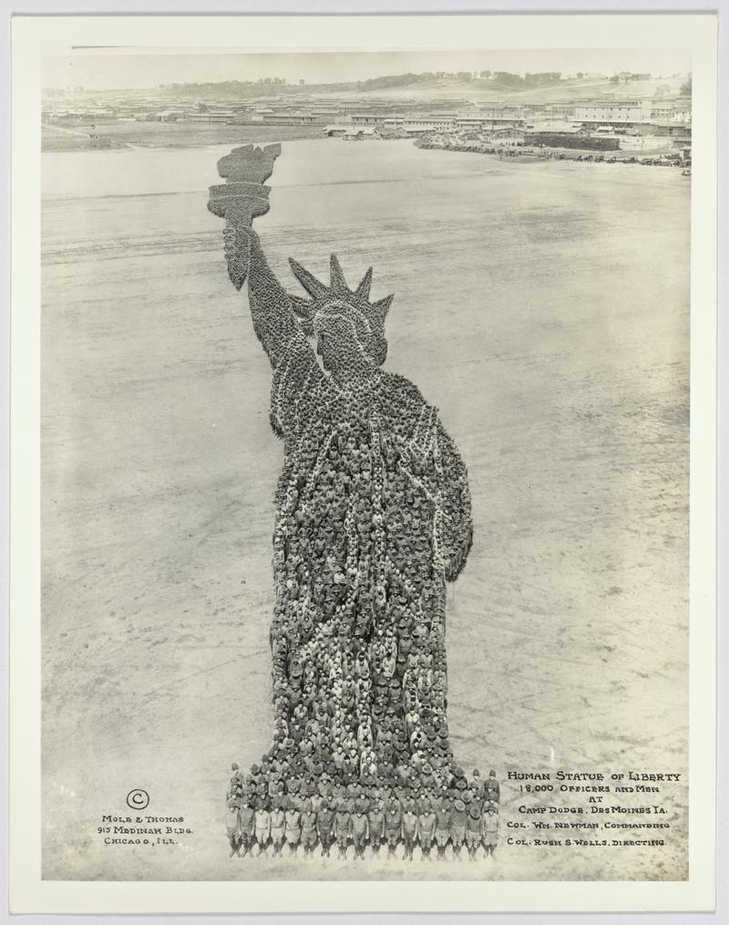 Human Statue of Liberty, 18,000 officers and men at Camp Dodge, Des Moines, IA. Col Wm Newman commanding Col Rush S. Wells directing