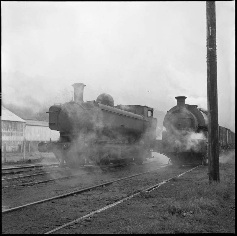 Black and white film negative showing two locomotives at the Mountain Ash locomotive sheds.  'Mountain Ash locos' is transcribed from original negative bag.