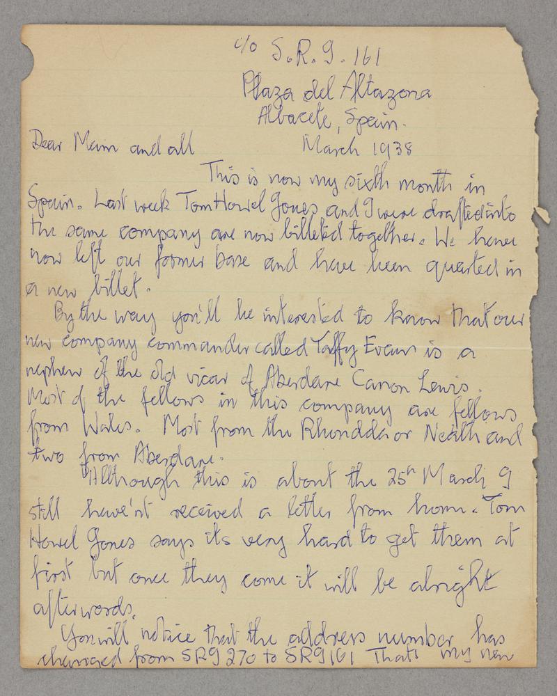 Handwritten letter from Edwin Greening to 'Mam and all' written from Albacete, Spain, March 1938. Written on both sides of one sheet of paper torn from a note book.