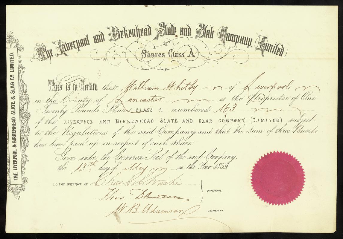 Liverpool & Birkenhead Slate & Slab Co. Ltd., share certificate (front)