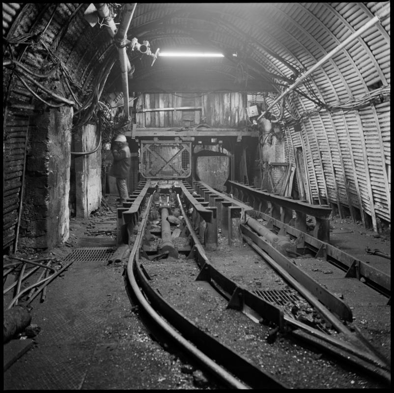 Black and white film negative showing the pit bottom downcast shaft, Deep Navigation Colliery 1978.  'Deep Navigation' is transcribed from original negative bag.