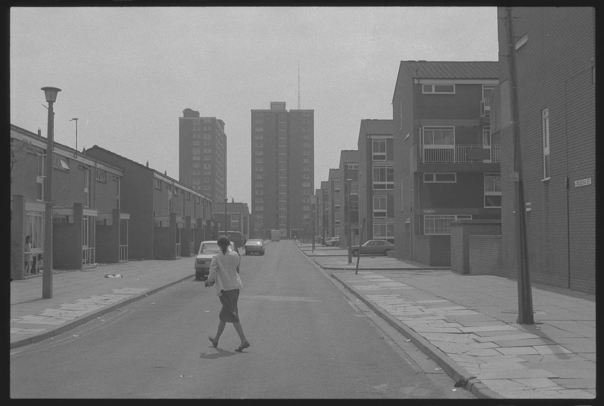 Residential Road near Loudoun Square, Butetown. Loudoun Square Flats in background.