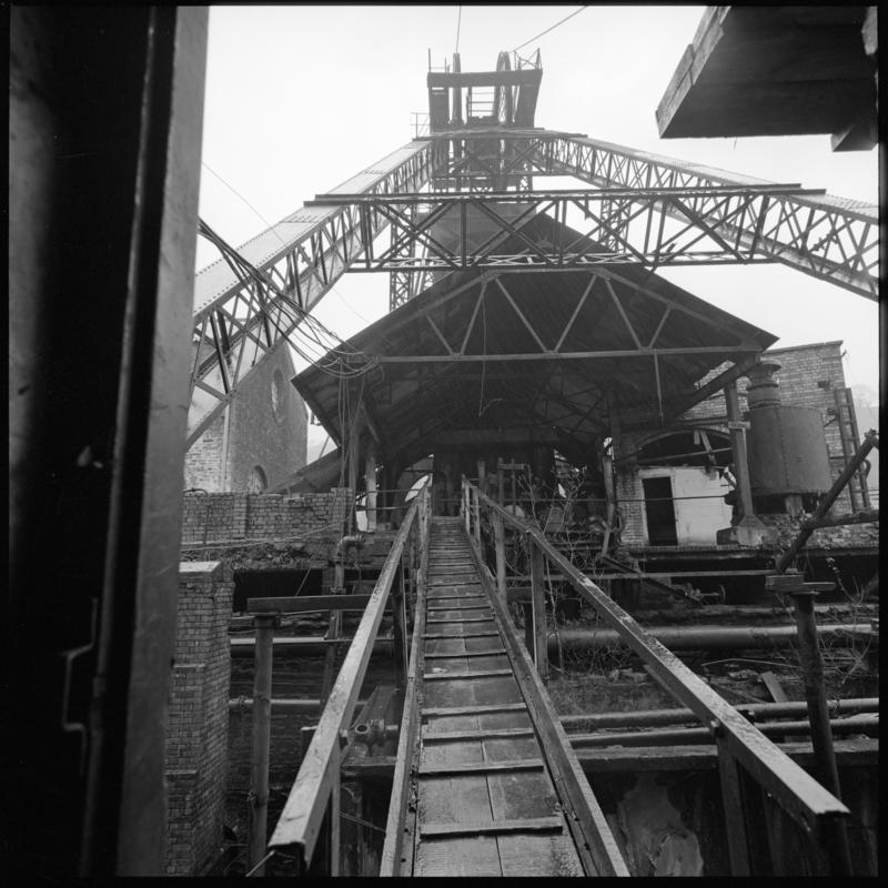 Black and white film negative showing the headgear, Lewis Merthyr Colliery.  'Lewis Merthyr' is transcribed from original negative bag.  Appears to be identical to 2009.3/1475.