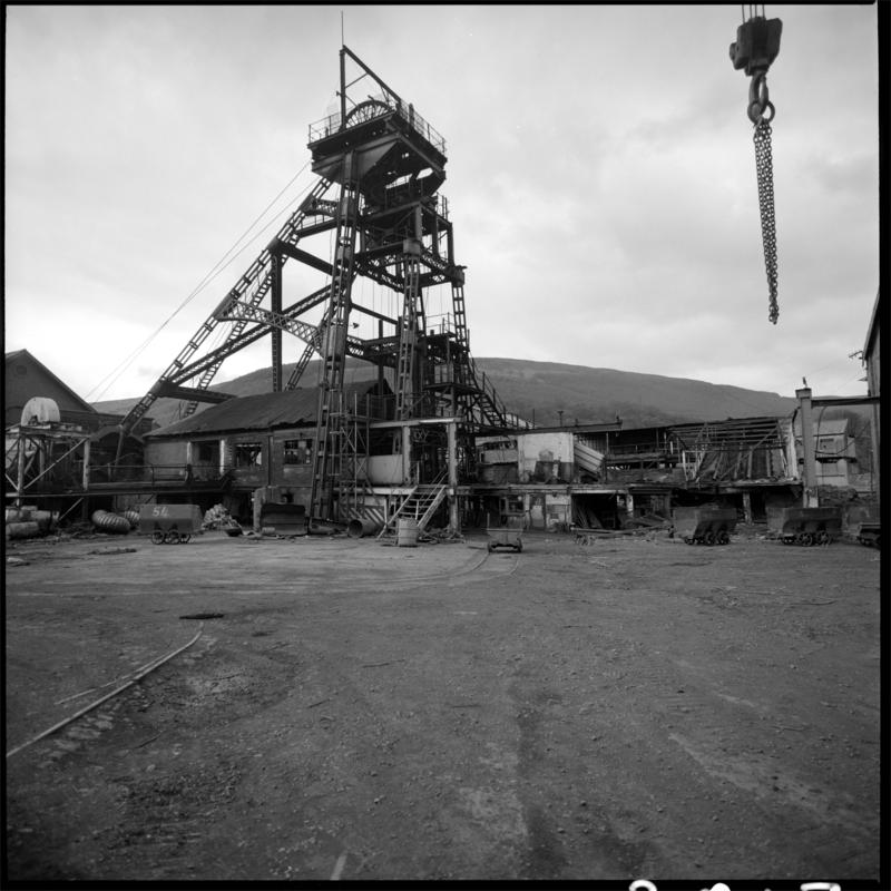 Black and white film negative showing the headframe, Deep Duffryn Colliery.  'Deep Duffryn' is transcribed from original negative bag.
