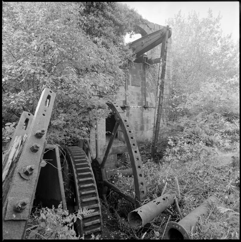 Black and white film negative showing the Neath Abbey pumping engine, Glyn Pits.  'Glyn Pits'  is transcribed from original negative bag.