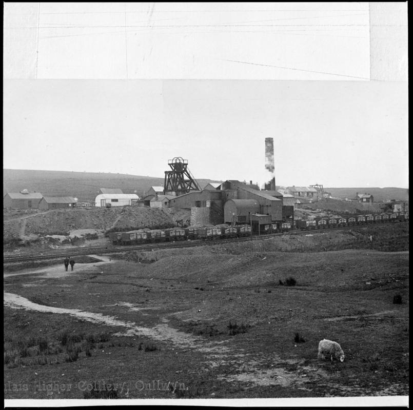 Black and white film negative showing a surface view of Dulais Higher Colliery.  'Dulais Higher Onllwyn' is transcribed from original negative bag.