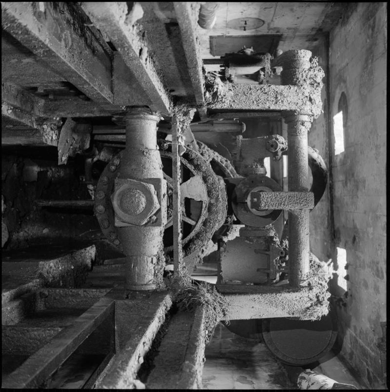 Black and white film negative showing the Davey pumping engine, Llanover Colliery 22 October 1975. It was installed by the Bargoed Coal Co. in 1913.  'Llanover 22/10/75' is transcribed from original negative bag.