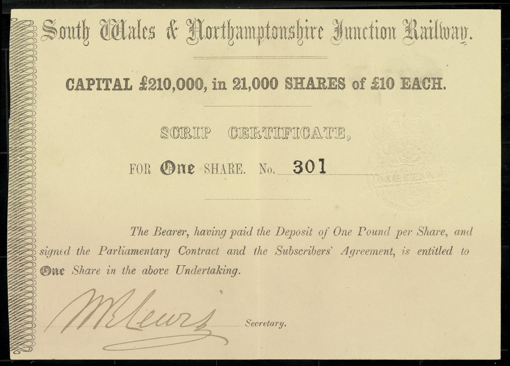 South Wales & Northants Junction Rly., share certificate