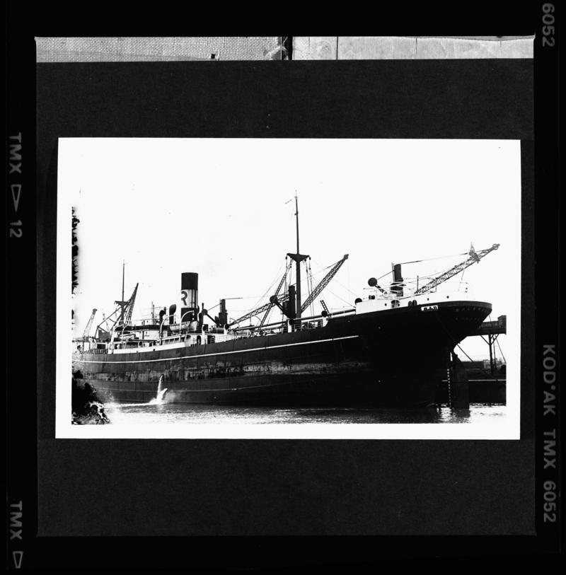 3/4 port stern view of S.S. DALEMOOR at Cardiff Docks, c.1936. The two images appear on the same negative strip and replace the original glass neg which was broken.