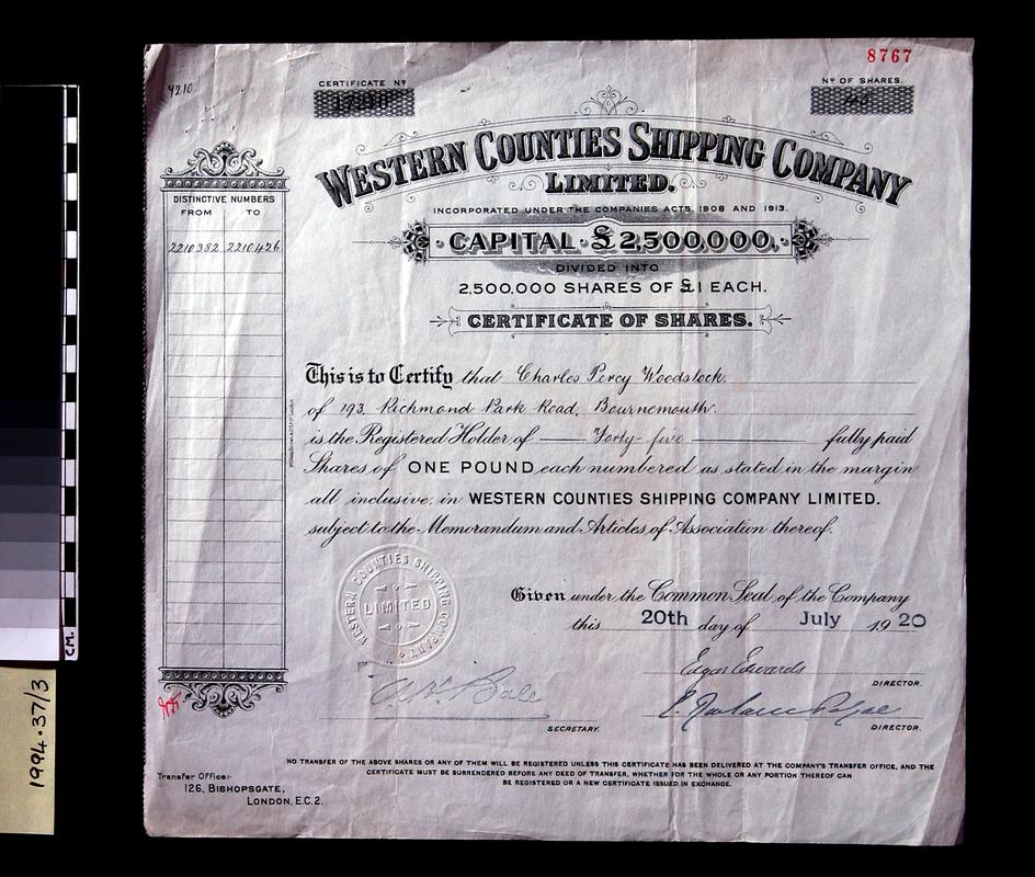 Western Counties Shipping Co.Ltd., share cert.
