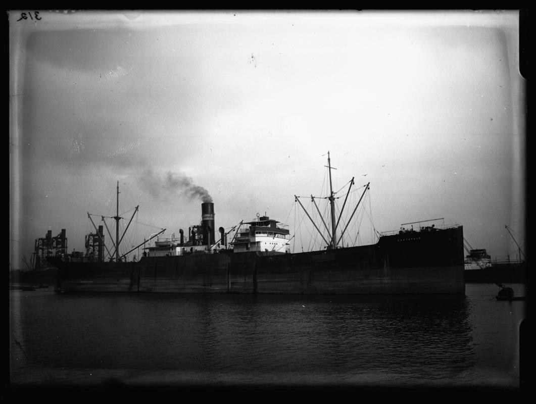 Starboard broadside view of S.S. GRETAVALE at Cardiff Docks, c.1936.