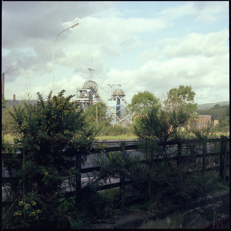 Colour film negative showing a view of the upcast and downcast shafts, Nantgarw Colliery.  'Nantgarw' is transcribed from original negative bag.